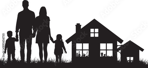 Family Silhouette with Houses and Toys illustration