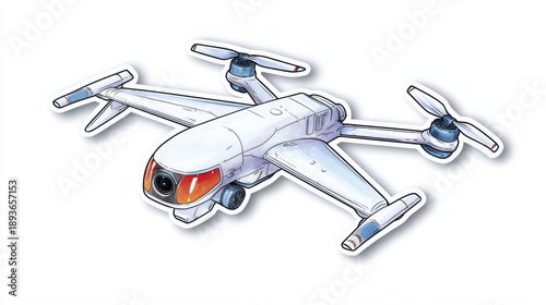 Drone quadcopter surveillance cyberpunk futuristic technology camera flying white sticker Futuristic cyberpunk drone quadcopter with camera white body and advanced surveillance technology flying
