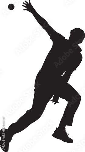 Silhouette of a cricket bowler throwing a ball with a ball visible