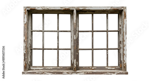 Weathered wooden window frame with peeling paint and multiple glass panes isolated on a transparent background