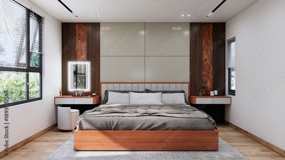 Fototapeta premium Serene Bedroom Retreat: A modern bedroom showcasing minimalist design with wooden accents. The serene space is inviting, and full of natural light through the windows.