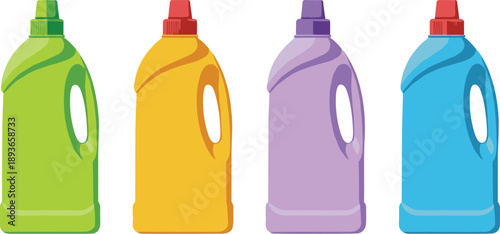Colorful plastic detergent bottles set isolated on white background for household cleaning and laundry product concept