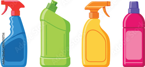 Colorful set of household cleaning bottles with spray and detergent containers in flat vector illustration style