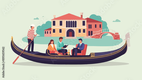 Gondola ride through a canal with people reading and a building