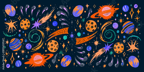 Colorful illustration depicting planets stars and comets in space
