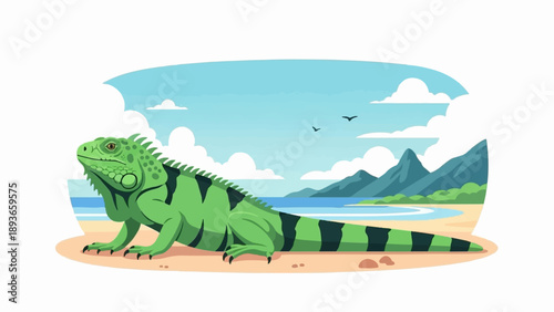 Green iguana rests on a sandy beach with calm ocean and distant mountains