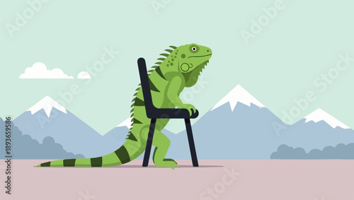 Green iguana sits on a chair in a minimalist landscape with mountains