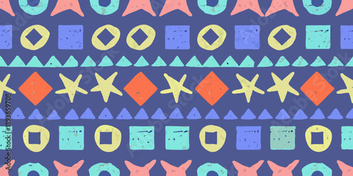 Colorful geometric pattern with triangles squares diamonds and stars