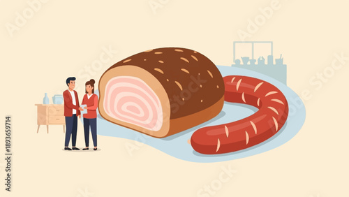 Two people shake hands near a large roast and a coiled sausage