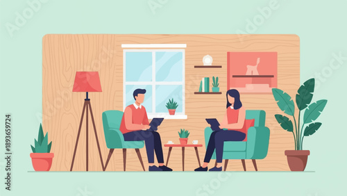 Two people seated in armchairs, discussing documents in a room