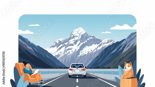 Woman and dog enjoy scenic mountain road trip in a car