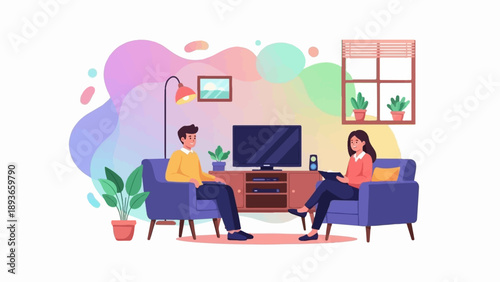 Two people sit on sofas in a room with a TV, window, and plants