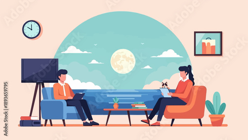 Two people sit on sofas in front of a large window with a view of the ocean and moon