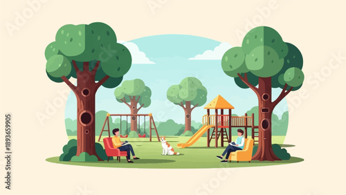 Two people relax reading in a park playground with a dog