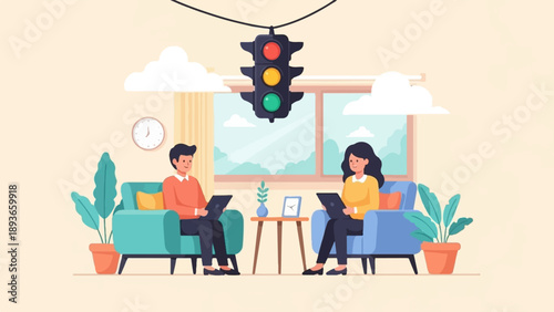 Two people sitting in chairs, using laptops, with a traffic light overhead