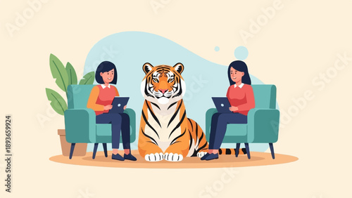 Two people sitting in chairs with a tiger between them and plants