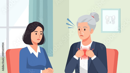 Woman distressed, older person clutches chest in pain, seeking comfort