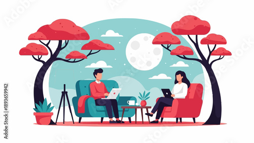 Two people relax on couches with laptops under moonlit sky and trees