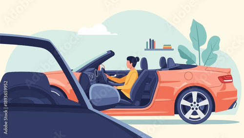 Woman drives a sleek orange convertible with blue interior through bright landscape