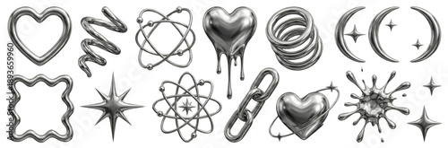 Chrome 3D Elements: Hearts, Moons, Stars, Atoms, Springs, Chain Link, Splat