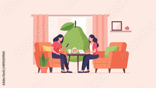 Two women in a living room with a giant fruit behind them