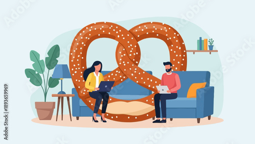 Two people relax on couch working on laptops in front of large pretzel
