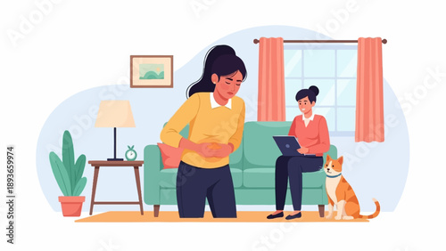 Woman experiences stomach pain while companion works on laptop at home