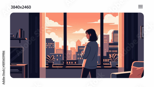 Woman gazes at city skyline from cozy room at sunset