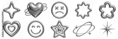Silver Chrome Emoticons and Shapes: Heart, Star, Smiley, Sad Face, Flower, Orbiting Objects