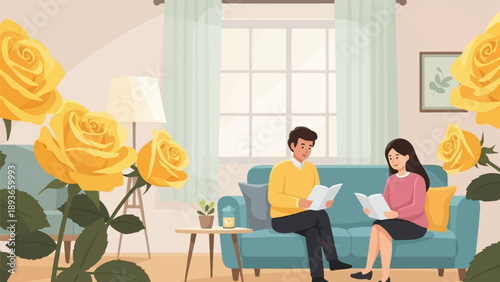 Two people sitting on a couch reading books amidst large yellow roses in a cozy living room