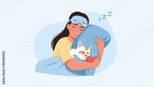 Woman in sleep mask embraces pillow and cat in cozy slumber