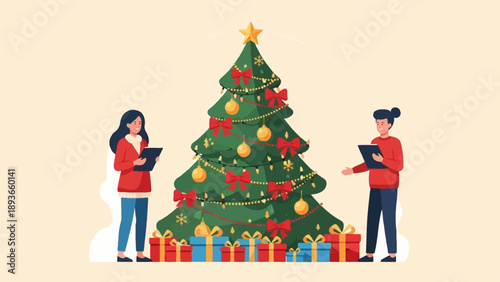 Two people stand by a decorated Christmas tree with presents