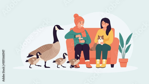 Two people and pets relax indoors with geese outside