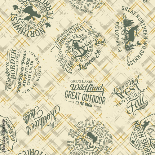 Vintage holiday graphics patchwork with tartan background  vector seamless pattern for fabric country wear tablecloth pillow poster tapestry wrapping