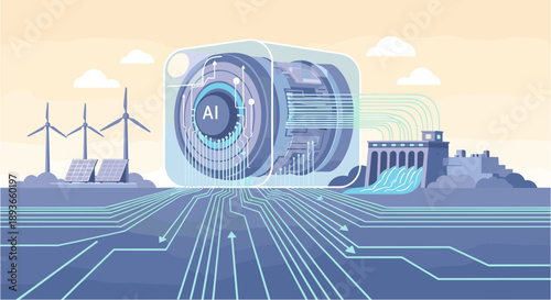 Artificial intelligence powering renewable energy sources like wind turbines and hydroelectric dams with digital circuits