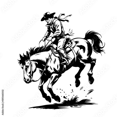 Bold black vector illustration of full cowboy riding a bucking horse in vintage classic style art