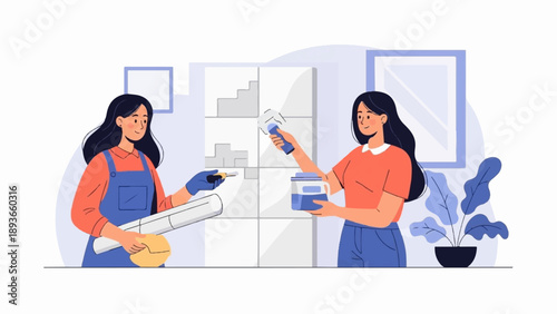 Two women in home decor, one holds a blueprint and the other a jar of paint