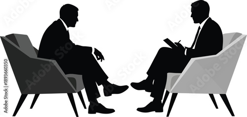 Two businessmen in silhouette sitting in stylish chairs, one taking notes while the other speaks, representing a formal discussion or consultation.