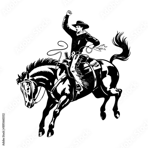 Bold black vector illustration of full cowboy riding a bucking horse in vintage classic style art