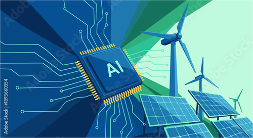 AI technology powering sustainable energy solutions with solar panels and wind turbines