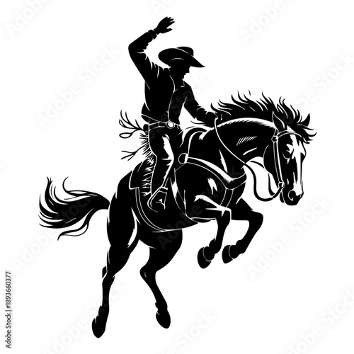 Bold black vector illustration of full cowboy riding a bucking horse in vintage classic style art