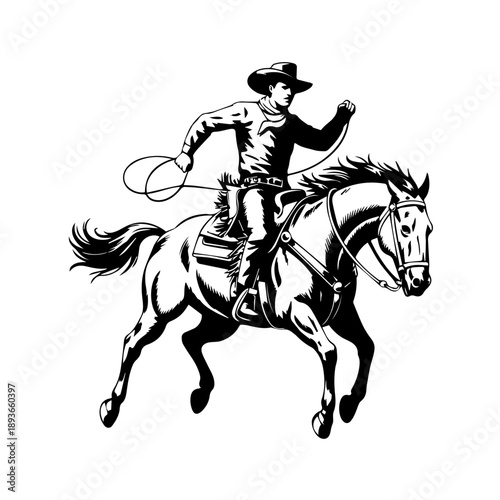 Bold black vector illustration of full cowboy riding a bucking horse in vintage classic style art