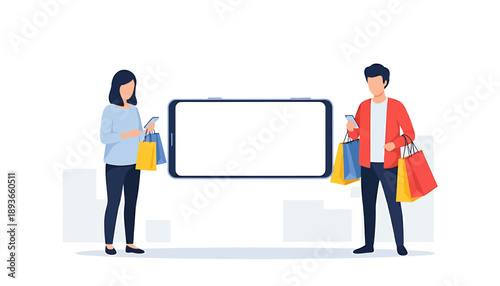 Couple holding shopping bags near a large smartphone screen.