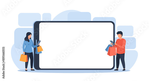 Couple shopping online with mobile phone and bags.