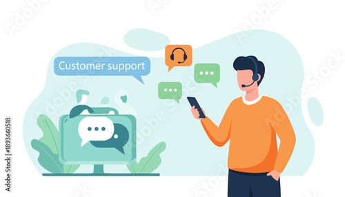 Customer support agent with headset and phone assisting online.
