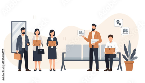 Diverse group of people waiting for job interview in office.