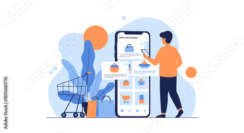 Man using smartphone for online shopping application with cart.