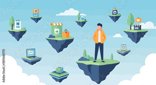 Man Standing on Floating Island Surrounded by Digital Icons and Devices.