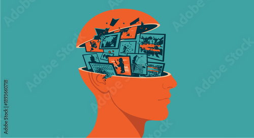 Conceptual illustration of a human head opening to reveal a collage of images and memories inside