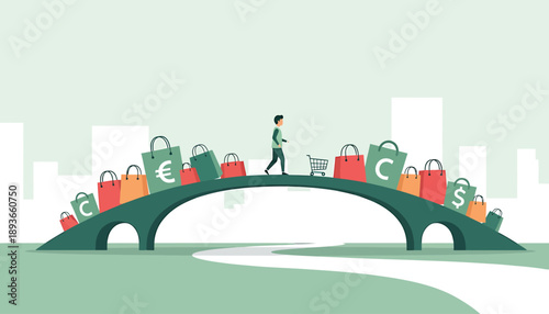 Man walking across bridge with shopping bags and currency symbols.